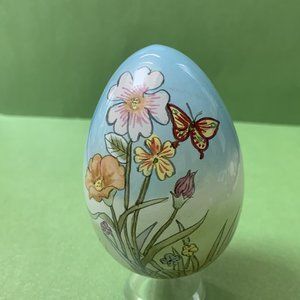 Glass Egg with Reverse Painted Flowers and Butterflies vintage